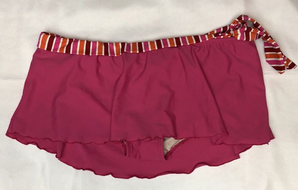 Isaac Mizrahi Swim Skirt Bottom Women M Pink Stripe Trim with Tie Stretch